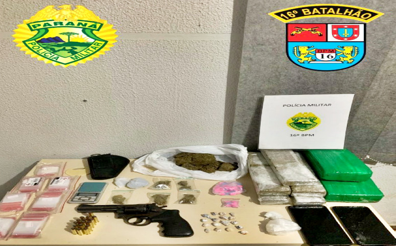  PM apreende drogas e arma em Pitanga, e encaminha três pessoas para Delegacia após tentativa de fuga com um veículo